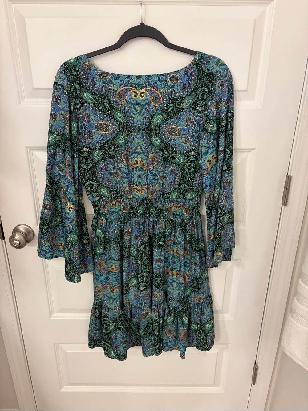 Teal Paisley Long-Sleeve Tiered Dress - Picture 3 of 3